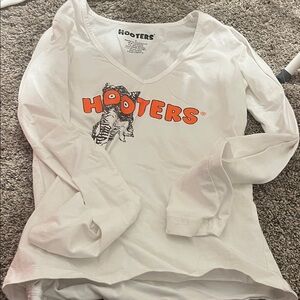 Hooters White Long Sleeve V-Neck Tee with Orange Logo